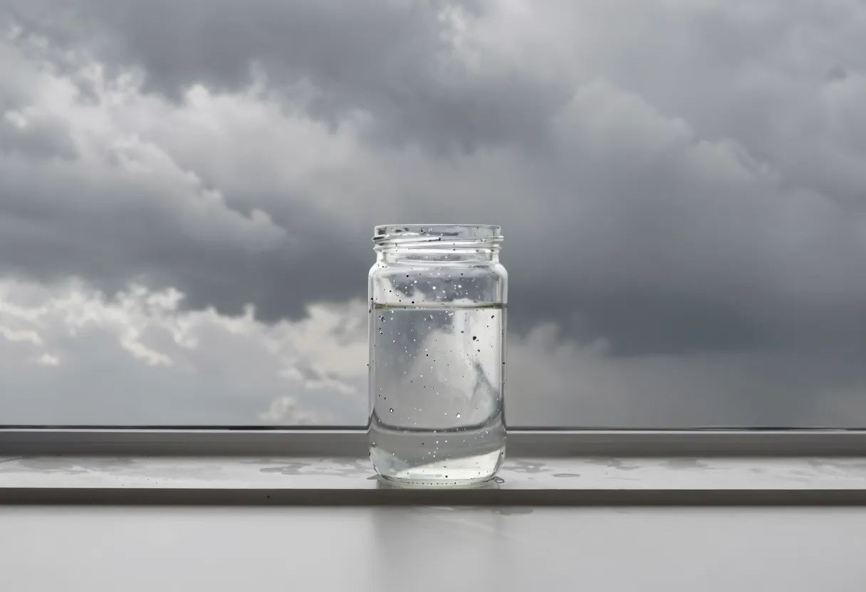 A glass jar with a metal lid filled with rainwater rests on a wooden windowsill, with dark storm clouds visible through the window behind it.