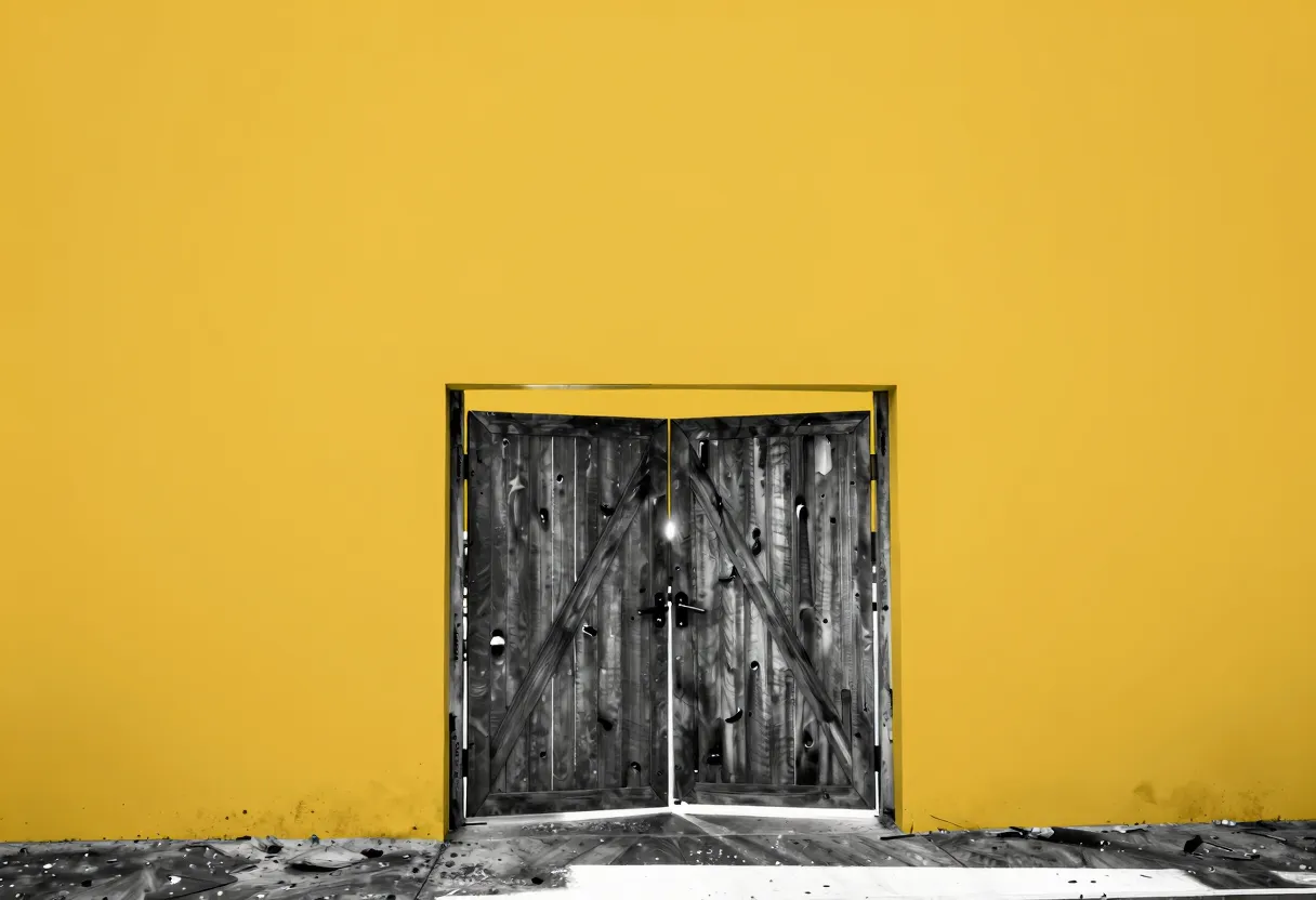 A wooden gate set into a plain wall stands open, with light streaming through the opening onto the floor below.