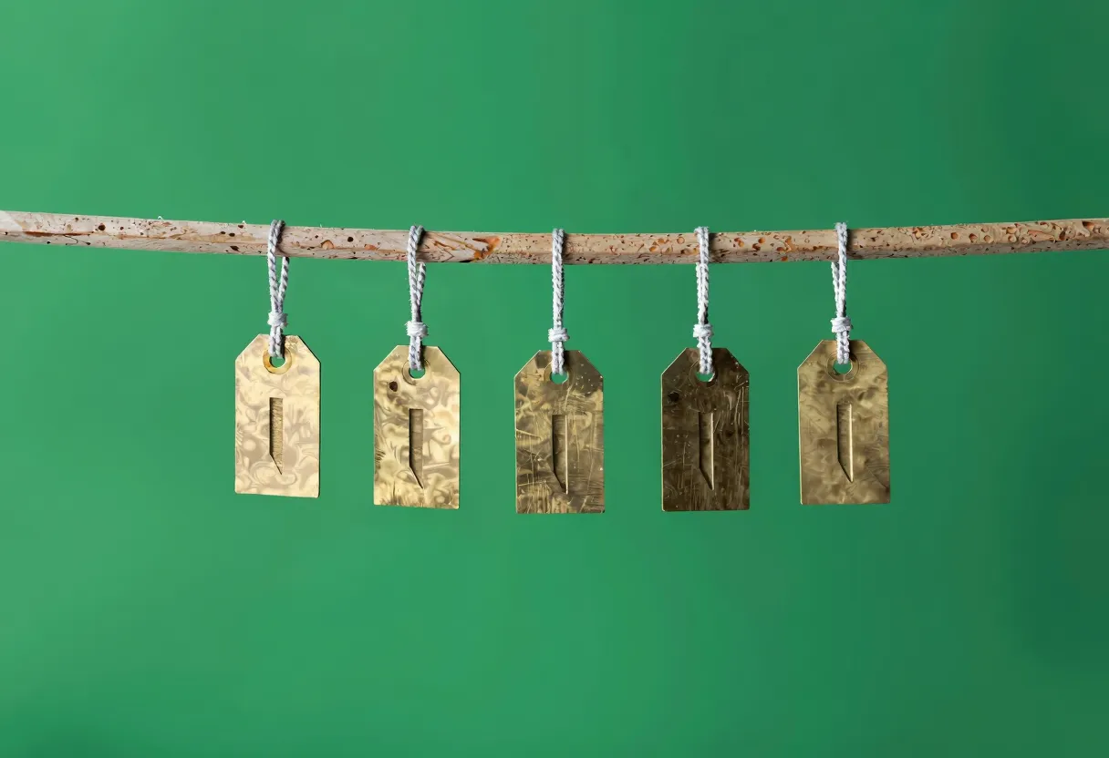 Five brass tags with distinct notch patterns hang side by side on strings from a wooden dowel against a plain background.