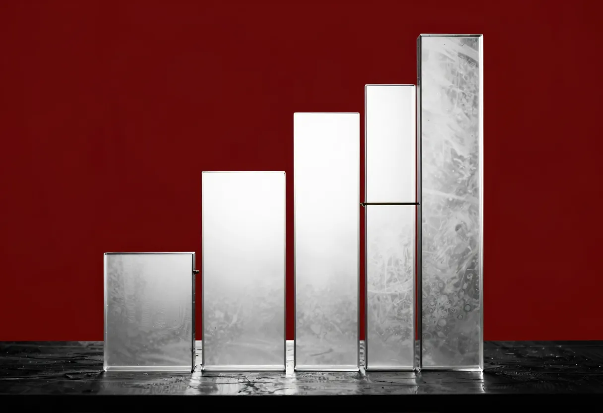 Four frosted glass panes of increasing height are stacked and backlit against a dark background, with a thin brass line etched horizontally across the tallest pane.