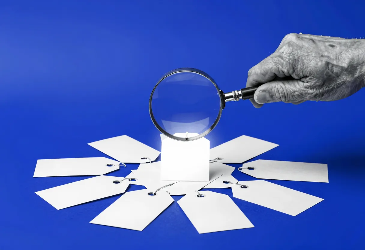 A hand holds a magnifying glass over a pile of small blank paper tags, with one tag illuminated under the lens and the others left dark.