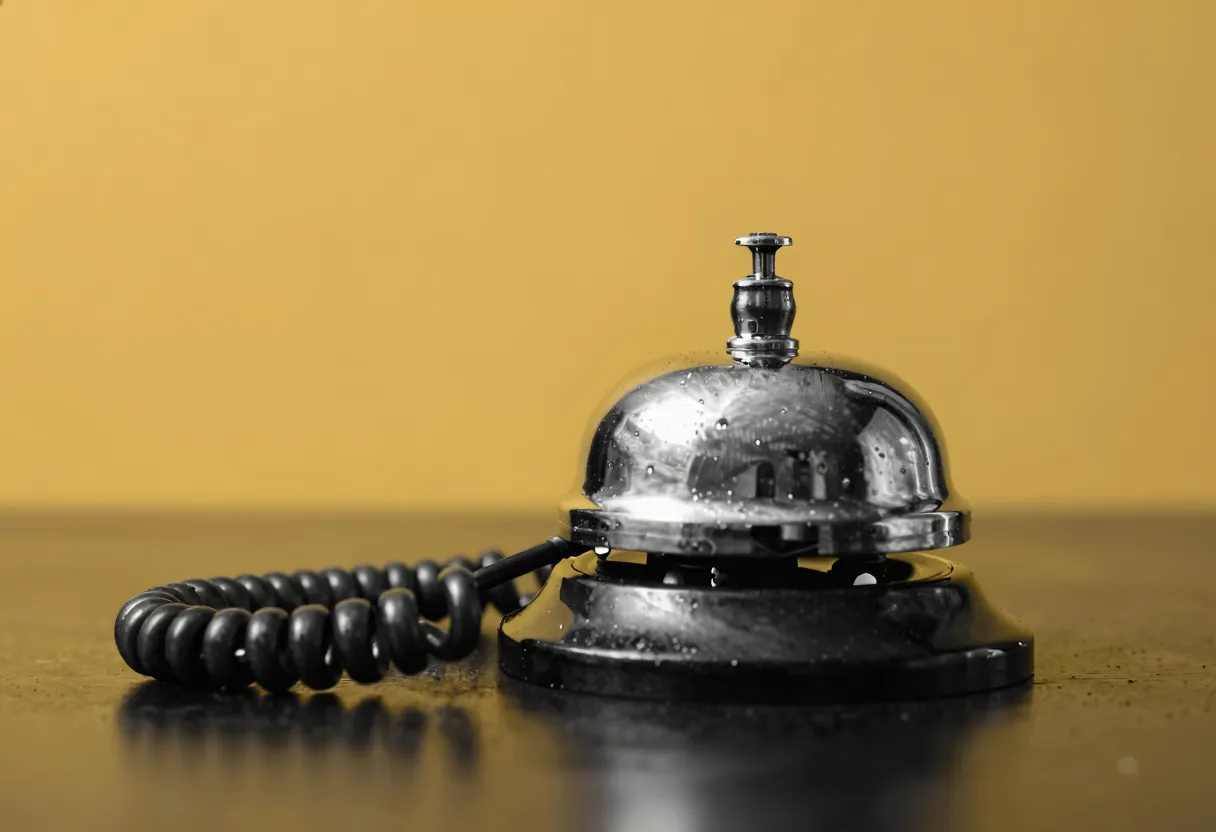 A close-up photograph of a polished brass concierge bell sitting on a coiled vintage telephone cord against a dark reflective surface.