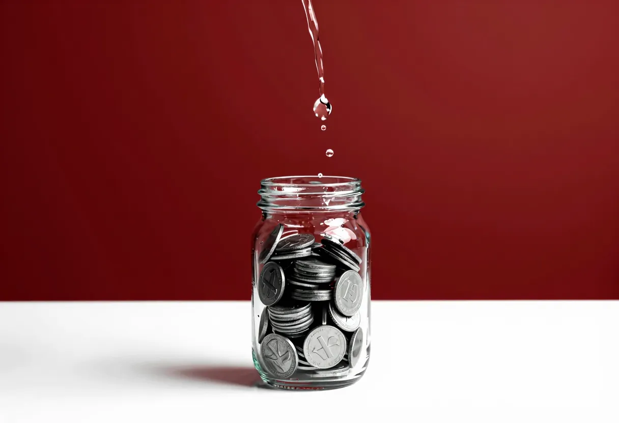 A glass jar of coins tilted so coins spill out in a fast stream while fewer coins trickle in from above.