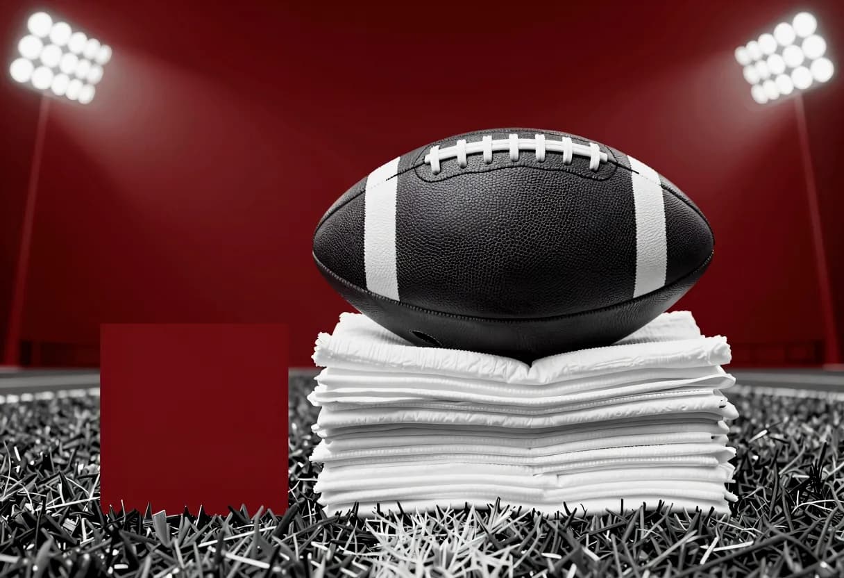 A brown leather football sits on top of a folded stack of soft white absorbent pads placed on green turf.