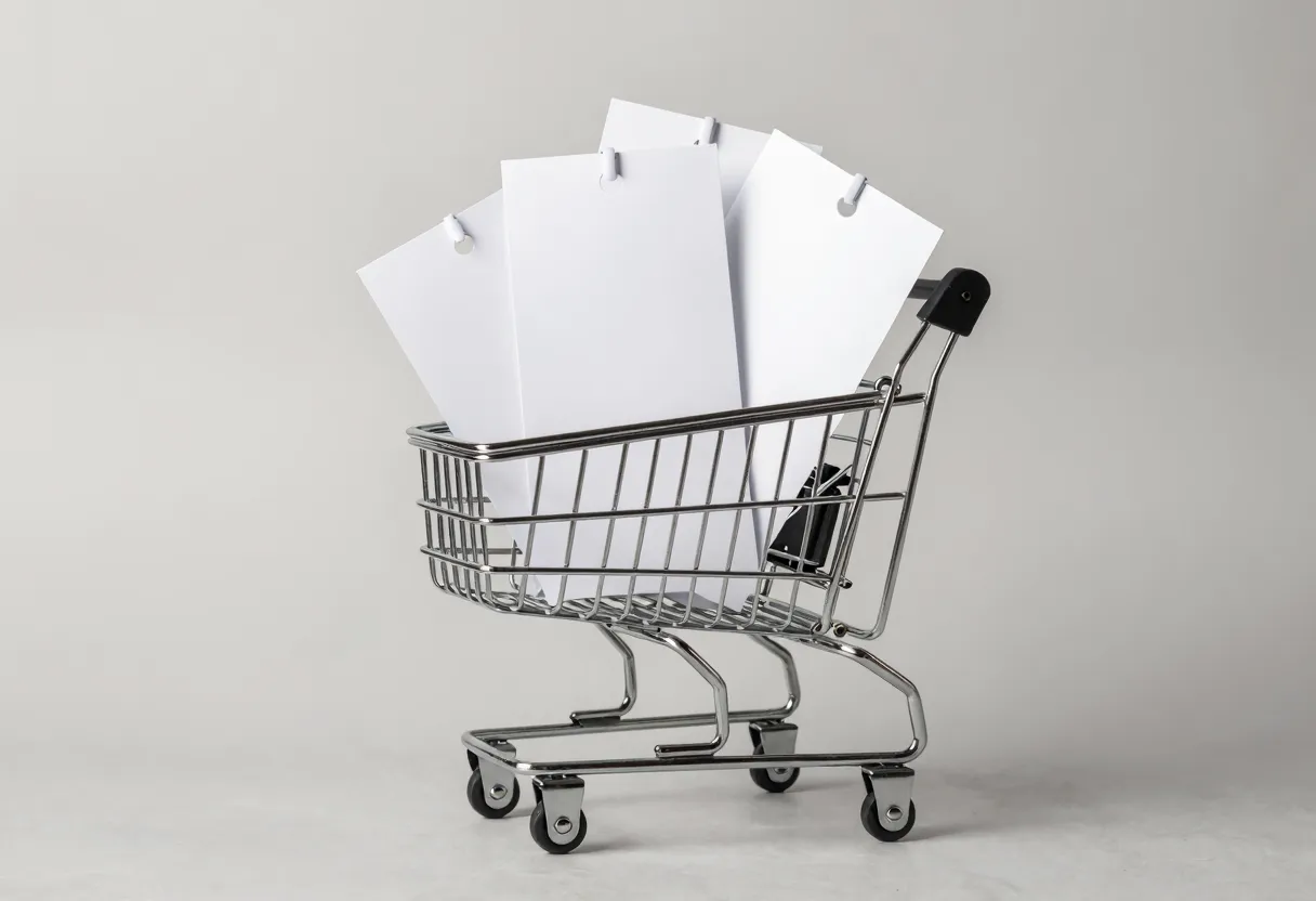 A metal shopping cart photographed against a plain background, with several blank price tags of different sizes tied to its handle.