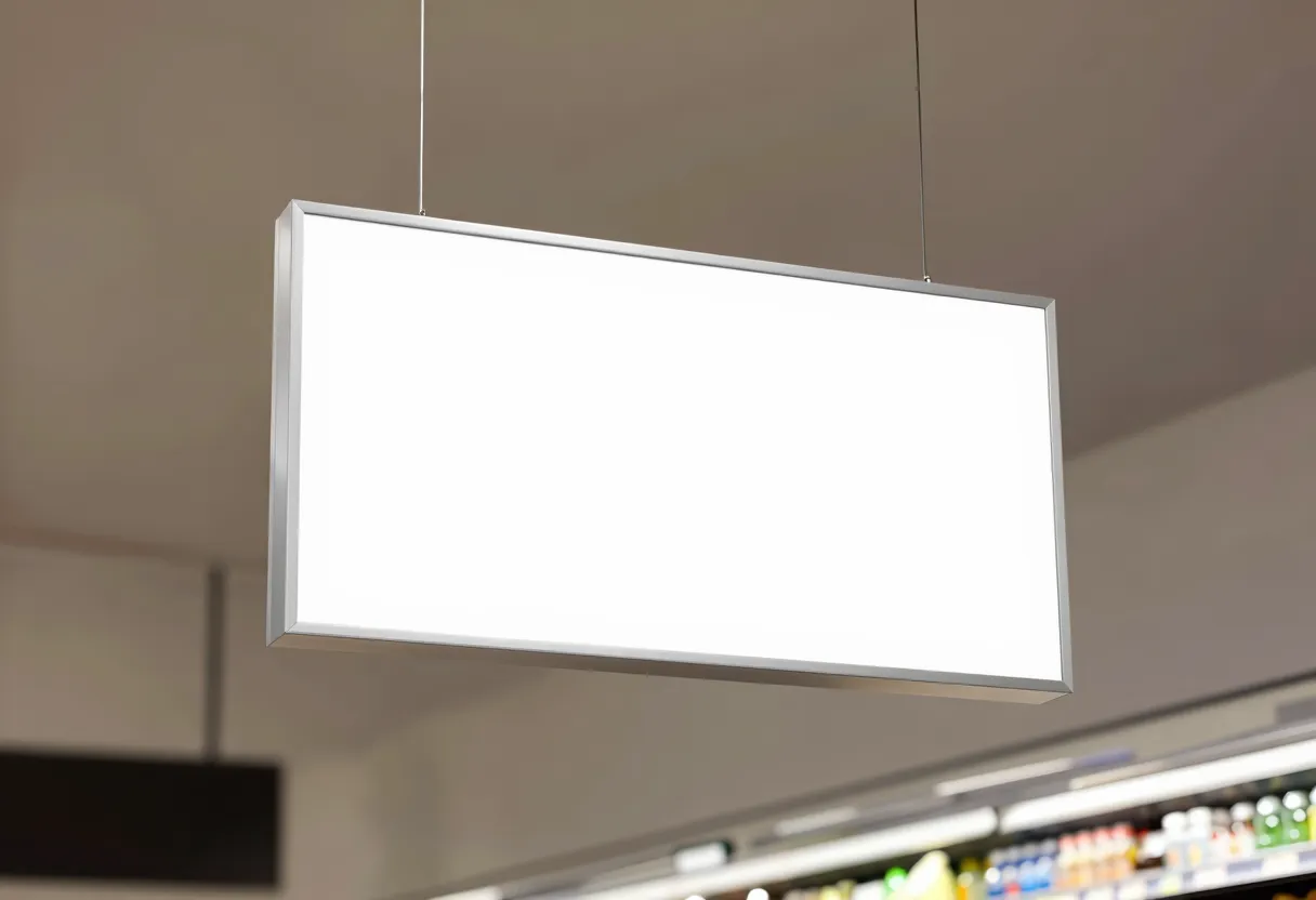 A blank rectangular sign suspended by wires above a store aisle, tilted toward the direction shoppers walk.