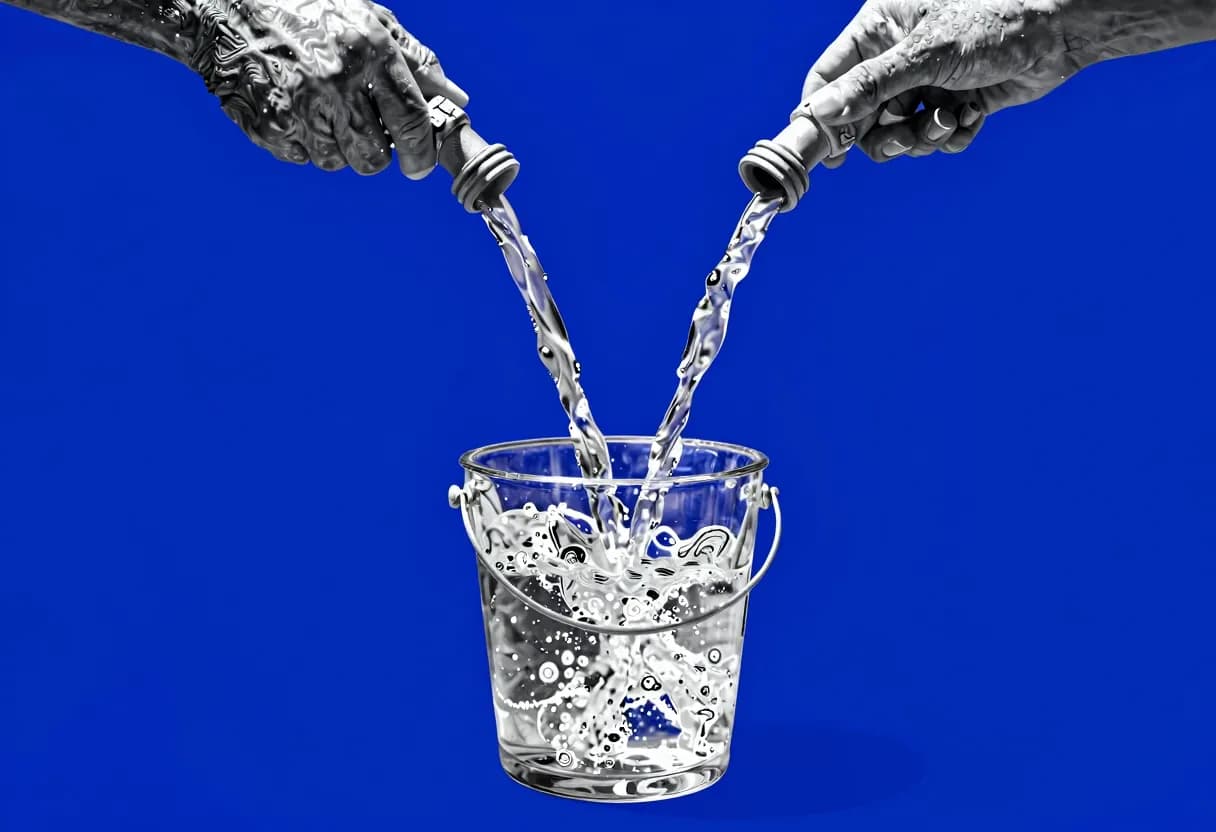 A glass bucket filled to overflowing with water, supplied by two garden hoses pouring into it simultaneously.
