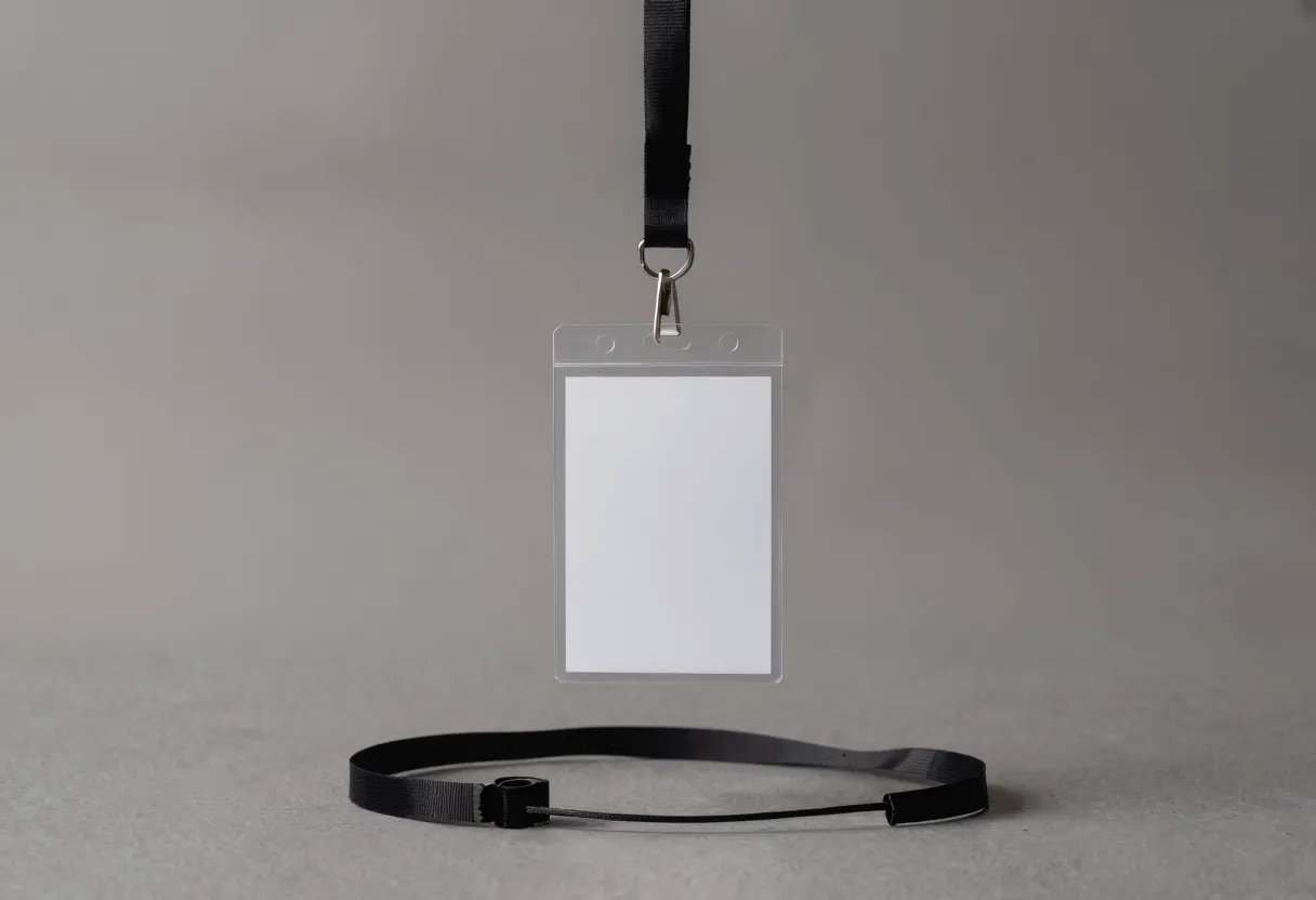 An empty plastic badge holder hangs from a lanyard on a hook, with several unused cable ties scattered on the floor beneath it.