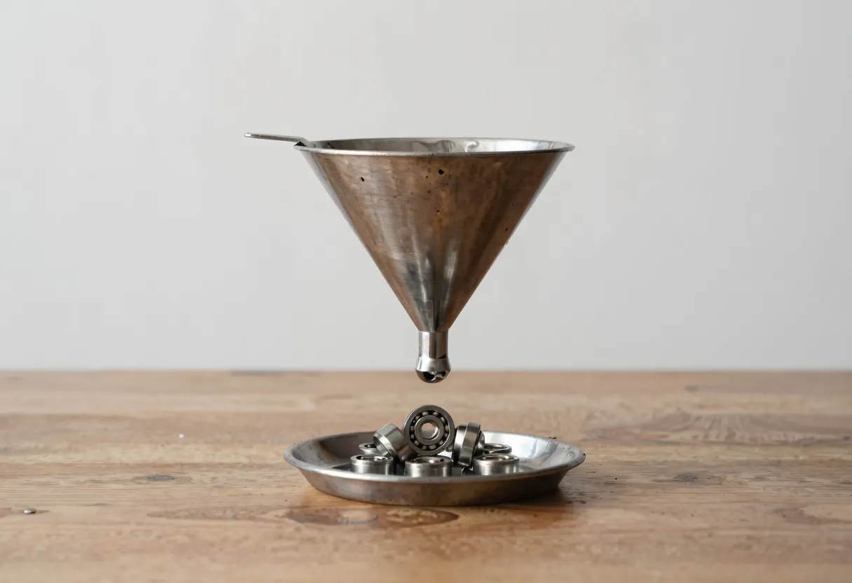 A funnel mounted over a wooden table with steel ball bearings falling through it, most bouncing away and three collecting in a small tray underneath.