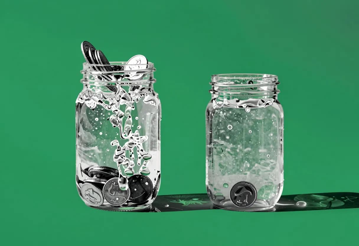 A tall glass jar overflows with streaming water while just one coin sits at the bottom of the jar.